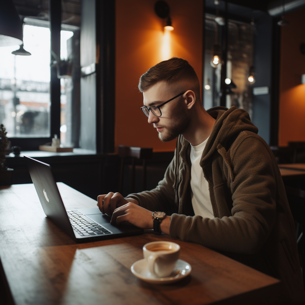 юноша изучает онлайн- образование в кафе